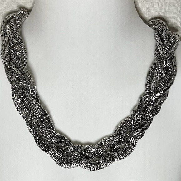 Multi Strand Shiny Braided Chunky Tube Silvertone Metal Chain Necklace - Picture 3 of 12